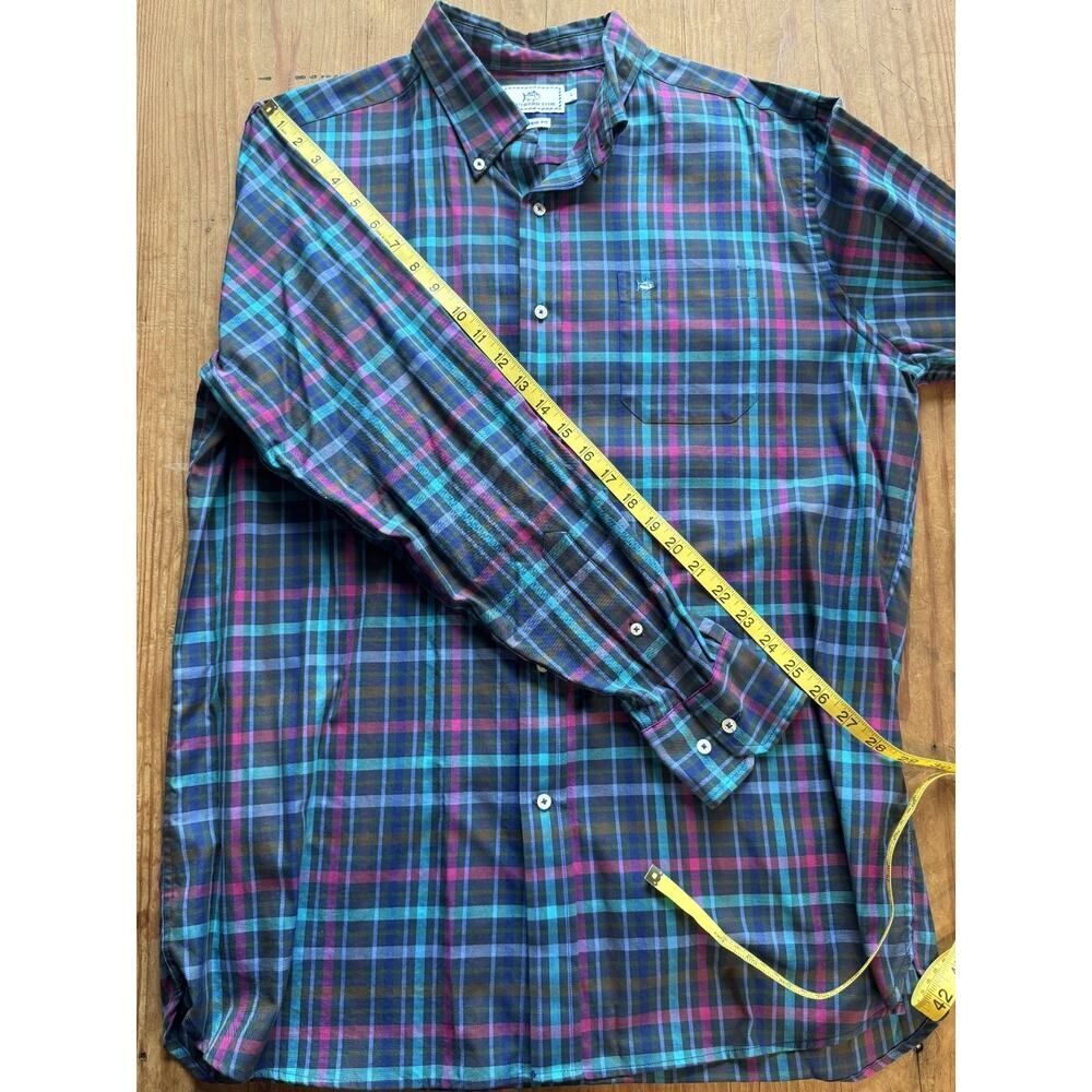 Southern Tide Button Down Shirt Classic Fit Plaid Blue Purple Green LG Cotton - Picture 6 of 9